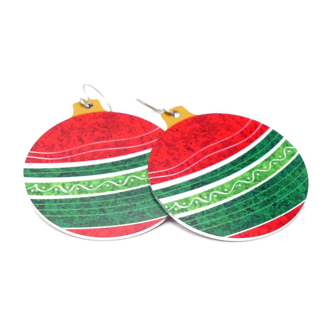 Red and green Christmas ornament earrings designed  and handmade by ColorUpLife.