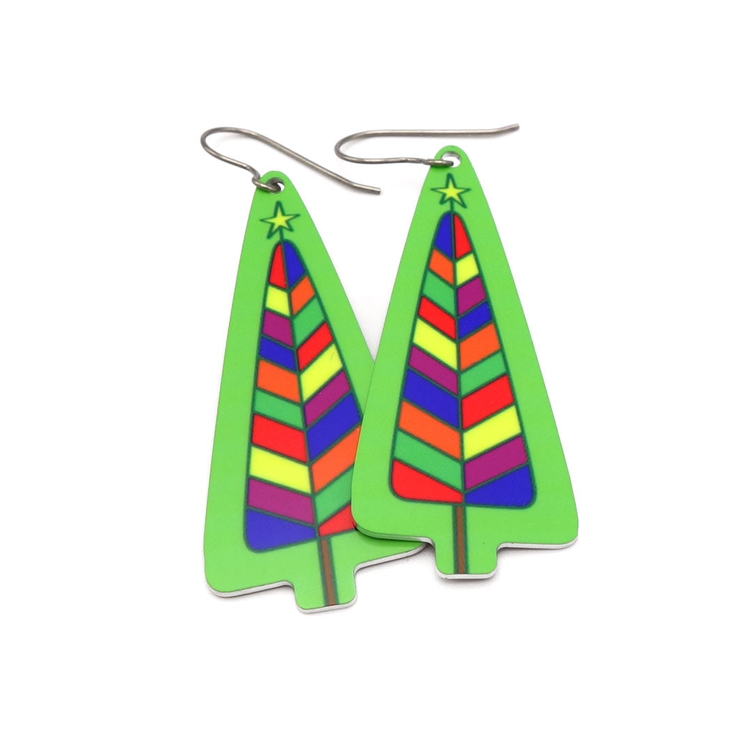 Christmas tree earrings with a colorful stained glass design by ColorUpLife.