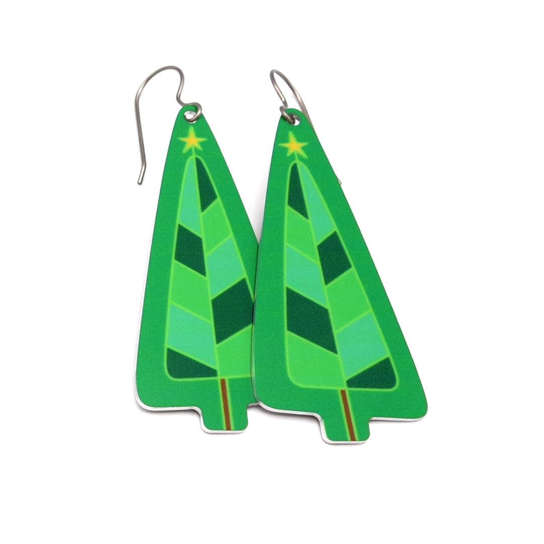 Christmas tree earrings with a green stained glass design by ColorUpLife.