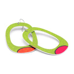 Large hoop earrings in bright green with mismatched orange and pink dots by ColorUpLife.