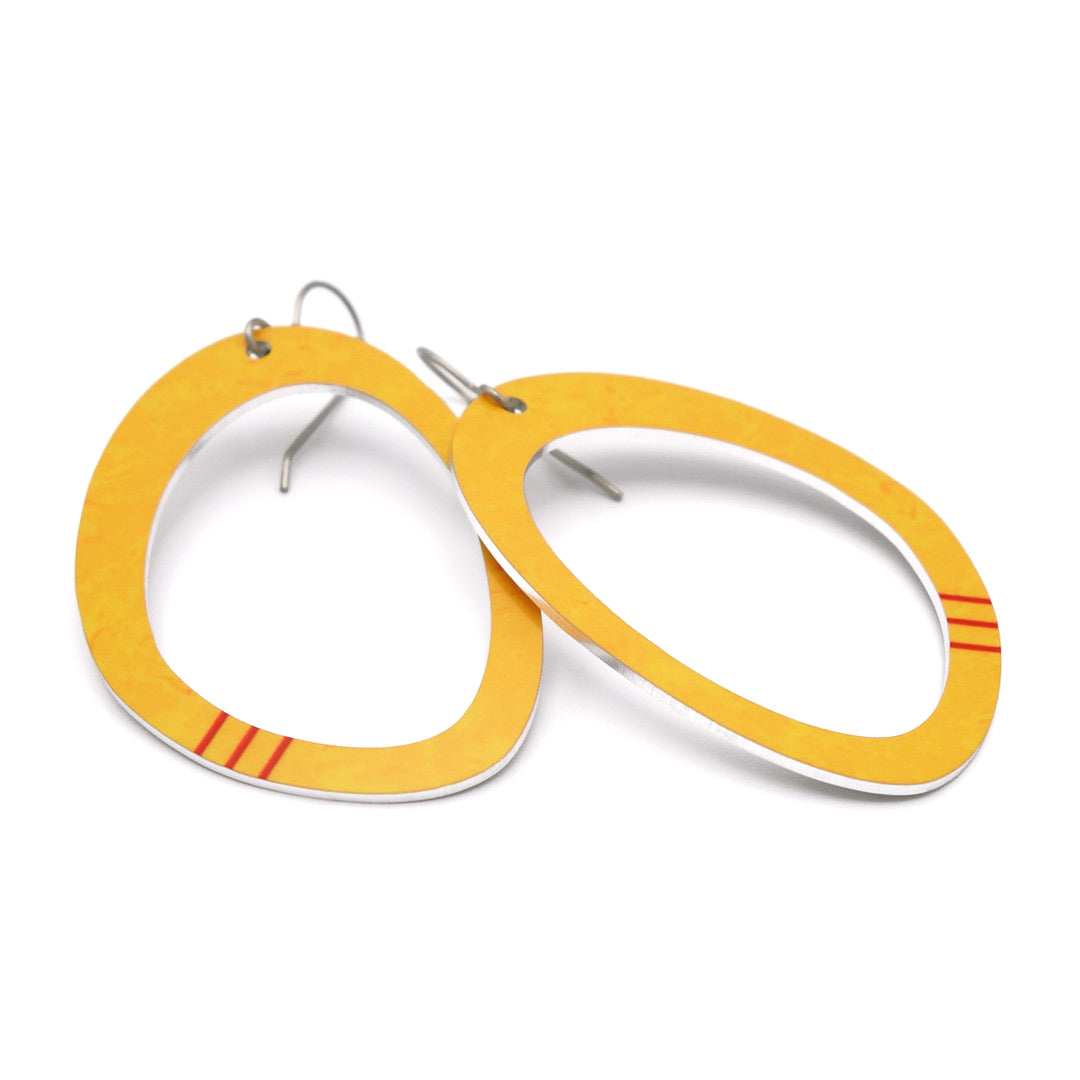 Large oval hoop dangle earrings in yellow with red stripes by ColorUpLife.