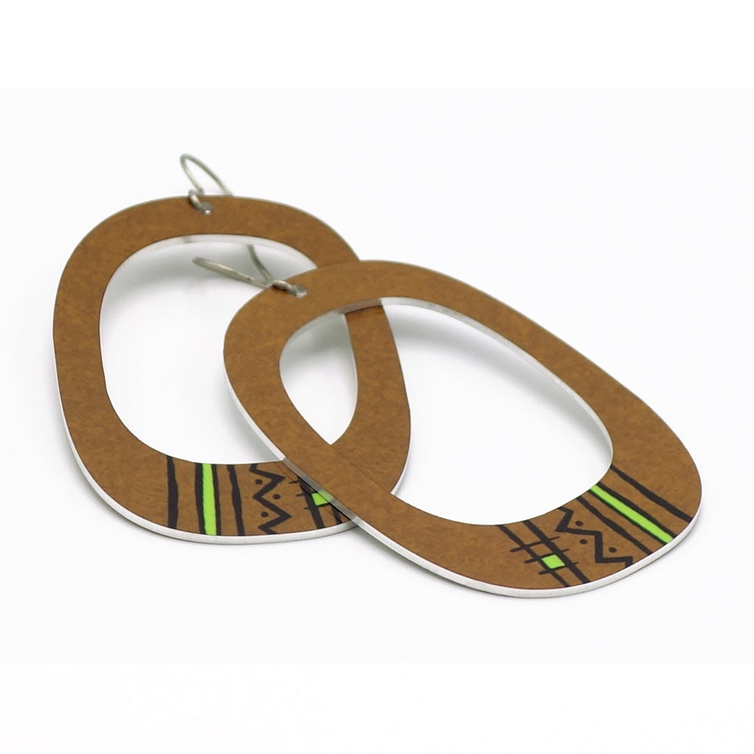 Large tribal-inspired rectangular hoop earrings in brown by ColorUpLife.