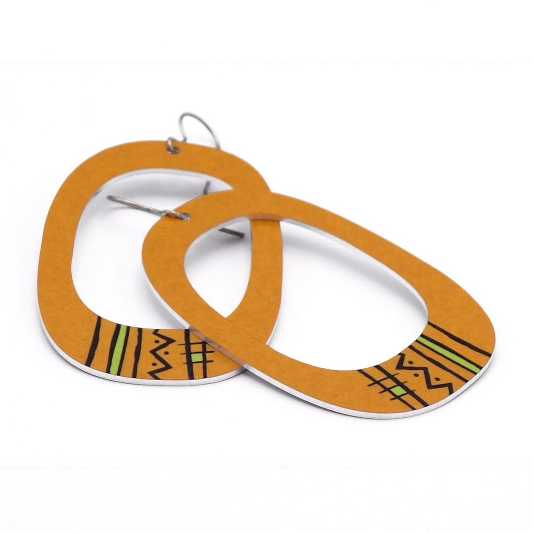 Large tribal-inspired rectangular hoop earrings in mustard yellow by ColorUpLife.