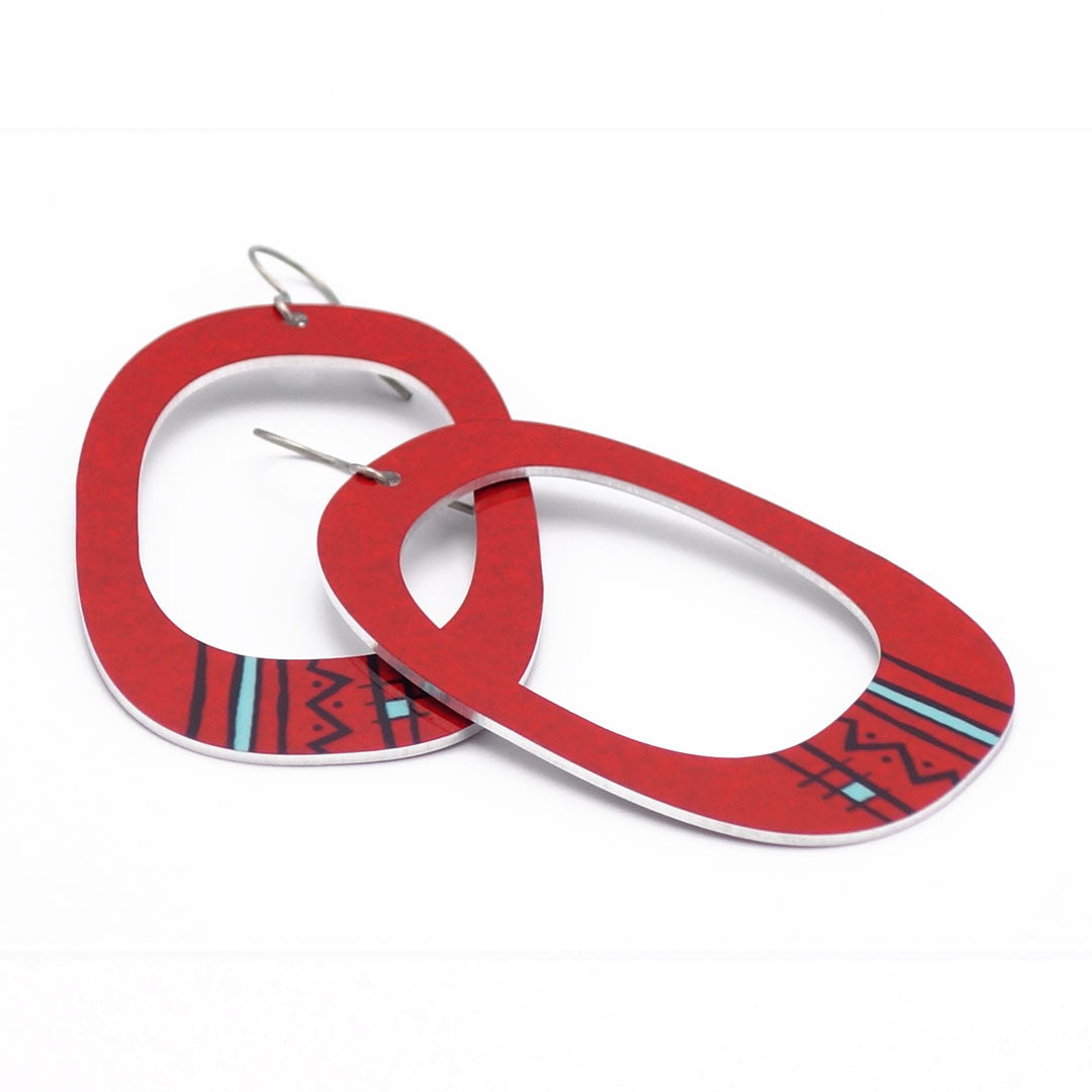 Large tribal-inspired rectangular hoop earrings in red by ColorUpLife.