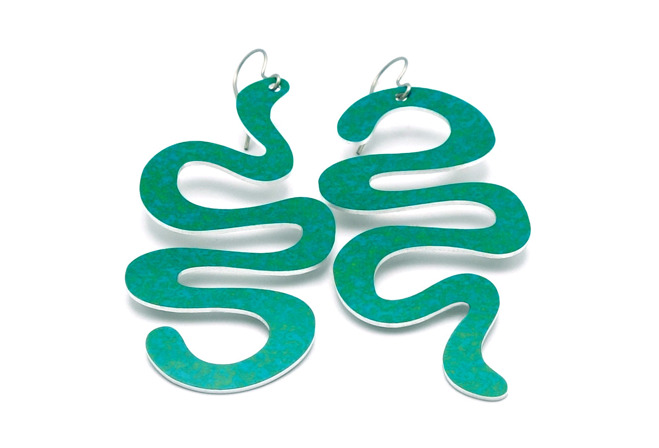 Large teal squiggle earrings by ColorUpLife.