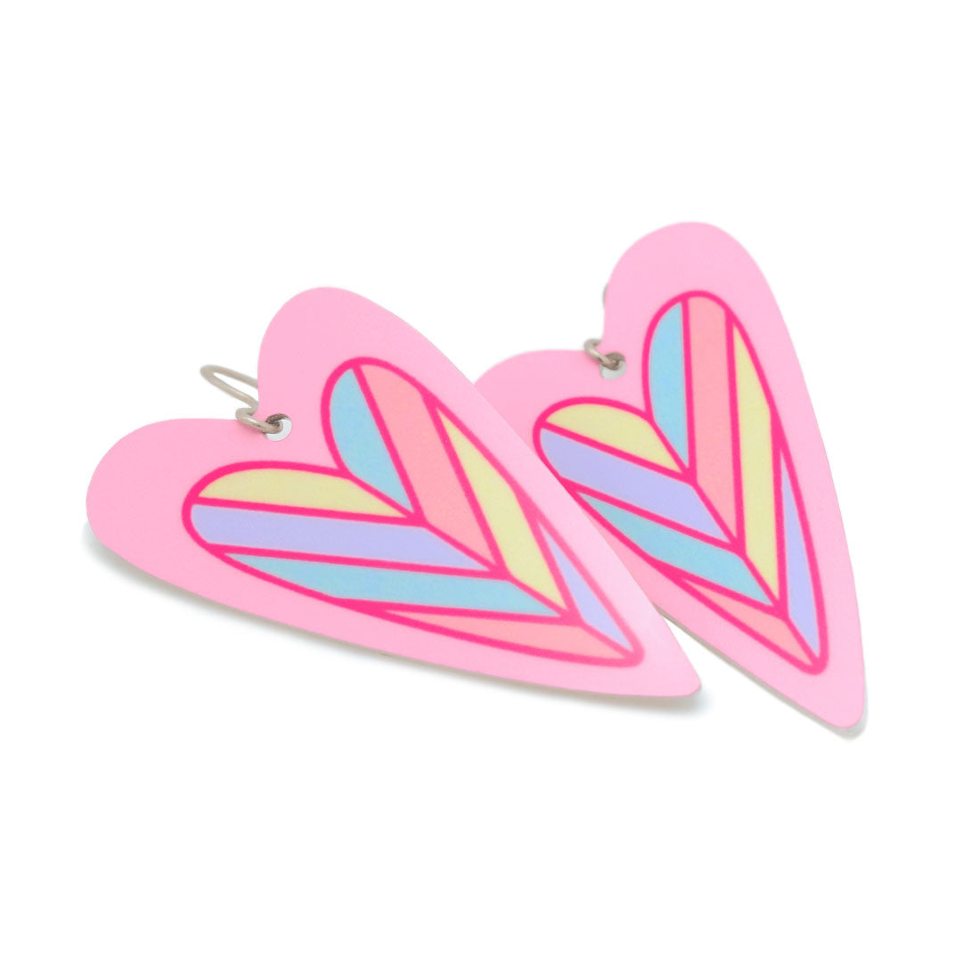 One pair of large pink chevron heart dangle earrings by ColorUpLife.