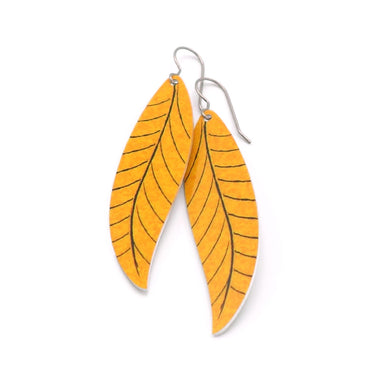 A pair of long golden yellow leaf earrings by ColorUpLife.