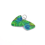 A pair of small green triangle dangle earrings with an abstract floral design by ColorUpLife